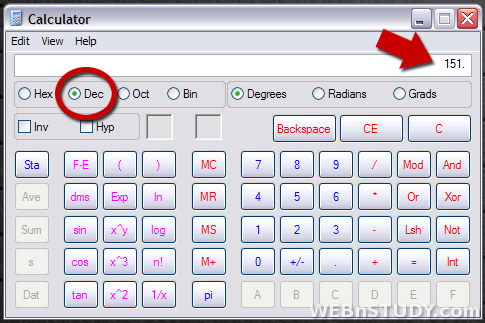 Windows XP Kalkulator - izbor brojevnog sistema